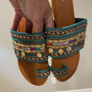 Multi-Accented Sandals in Teal & Gold